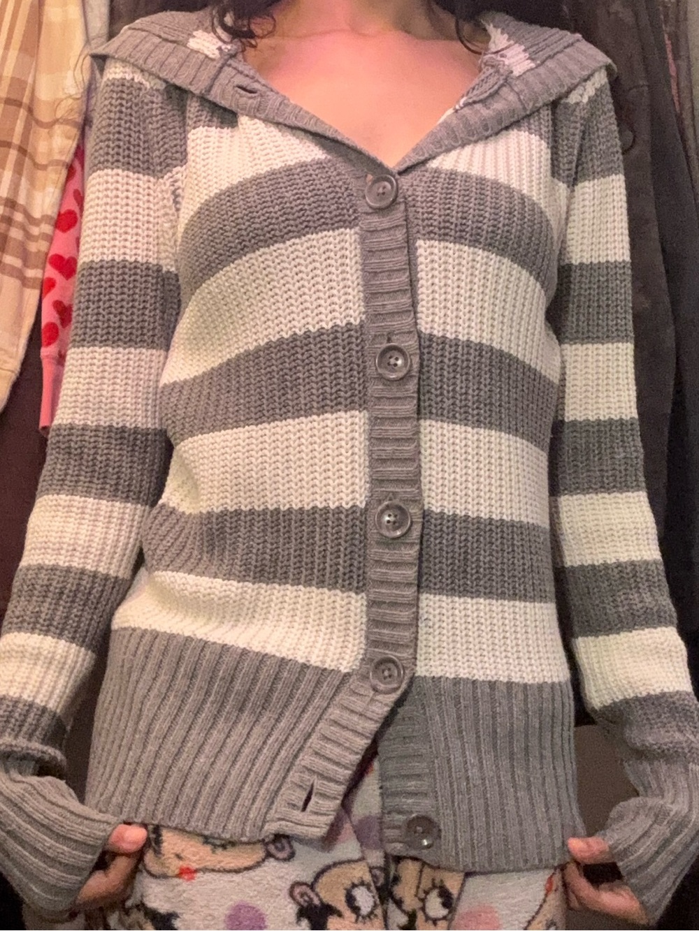 size medium aeropostale cable knit gray and white striped button up hoodie
